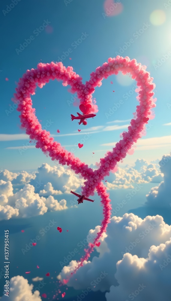Naklejka premium Heart shaped icon in sky drawn by airplane, romantic gesture, love symbol, aerial advertising, advertising, aerial, romance