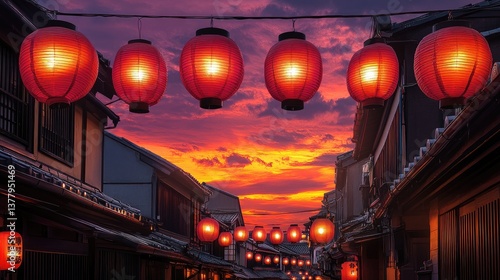 Wallpaper Mural A serene view of Kyoto's Gion district with glowing paper lanterns hanging from eaves Torontodigital.ca