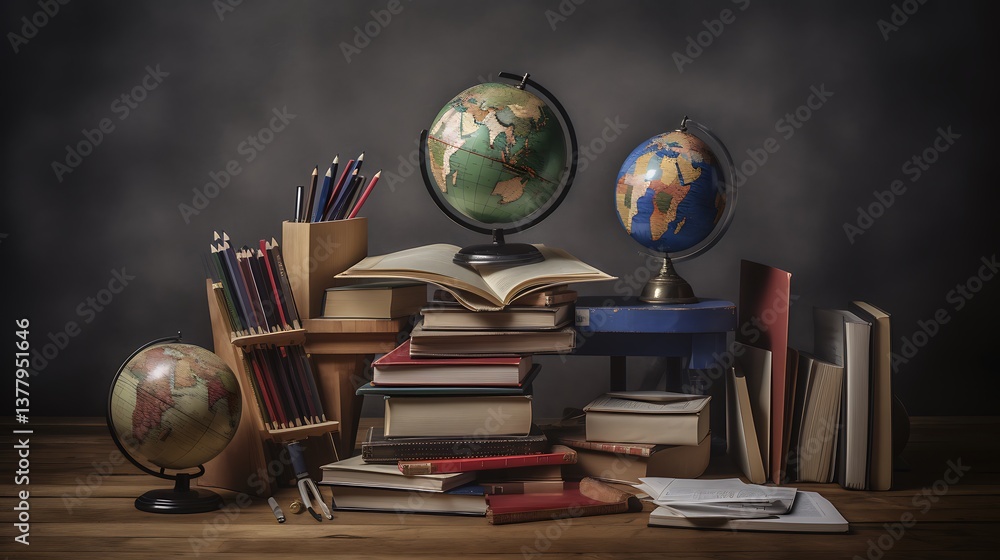 Globes Books Pencils and Papers Arranged on a Wooden Table Globes Books Pencils and Papers Arranged on a Wooden Table