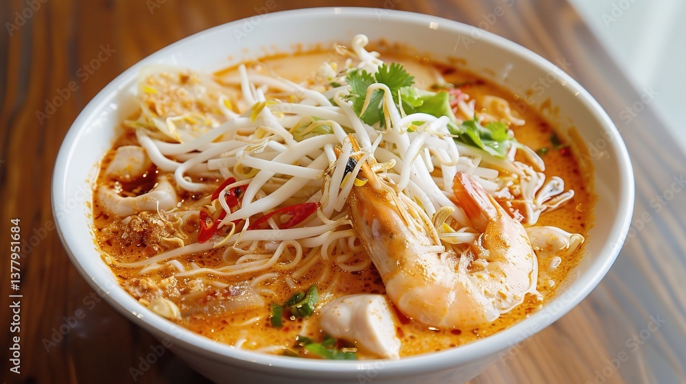 An appealing bowl of laksa is presented. The laksa features thick, chewy rice noodles submerged in a rich, spicy and creamy coconut - based broth. The broth is a complex blend of various spices An appealing bowl of laksa is presented. The laksa features thick, chewy rice noodles submerged in a rich, spicy and creamy coconut - based broth. The broth is a complex blend of various spices