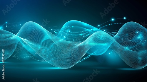 Background with glowing green lines and particles of data flowing in the air. abstract technology background. green wave tech background