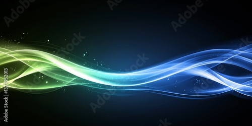 Background with glowing light blue and green lines, particles of data flowing in the air. abstract technology background. green wave tech background