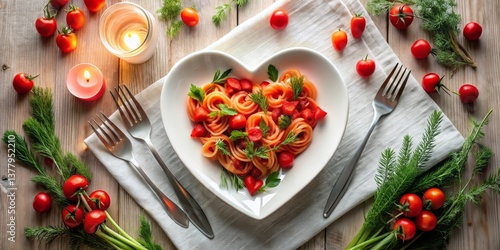 Romantic heart-shaped pasta dish with fresh tomatoes and herbs, candlelight dinner setting