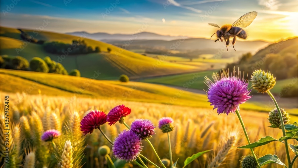 Obraz premium Golden Hour Bumblebee Soaring Over Vibrant Wildflowers in a Rolling Meadow Landscape