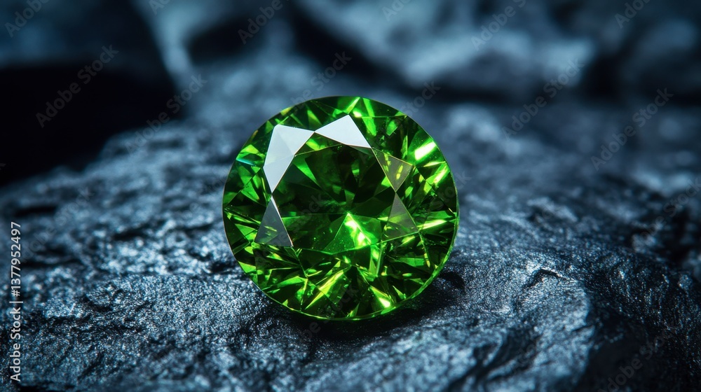 A rare demantoid garnet gemstone glowing with intense green brilliance. A rare demantoid garnet gemstone glowing with intense green brilliance.