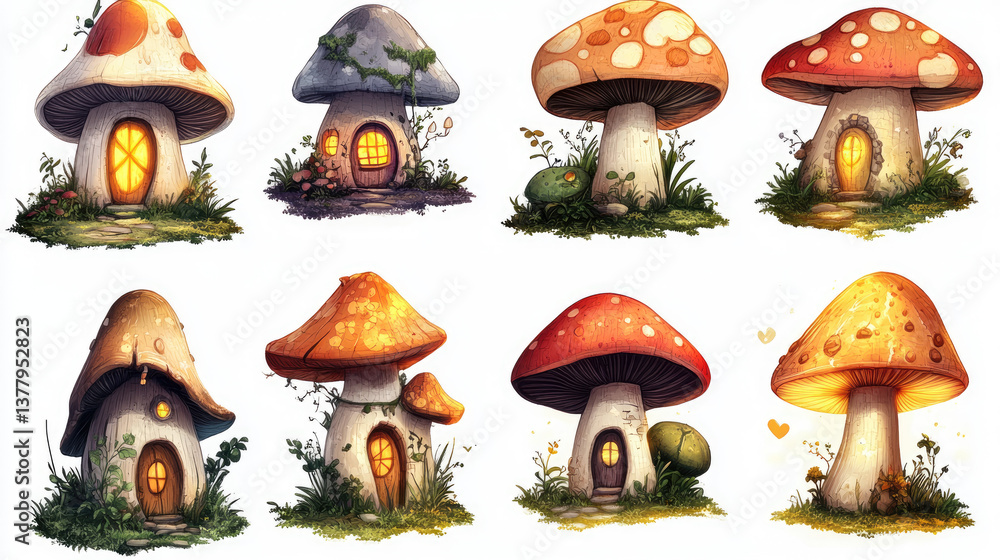 Fototapeta premium Colorful and artistic depiction of mushroom-shaped fairy houses in a whimsical and fantasy-themed environment. Attributes include glowing windows, varied mushroom caps, and enchanting surroundings.