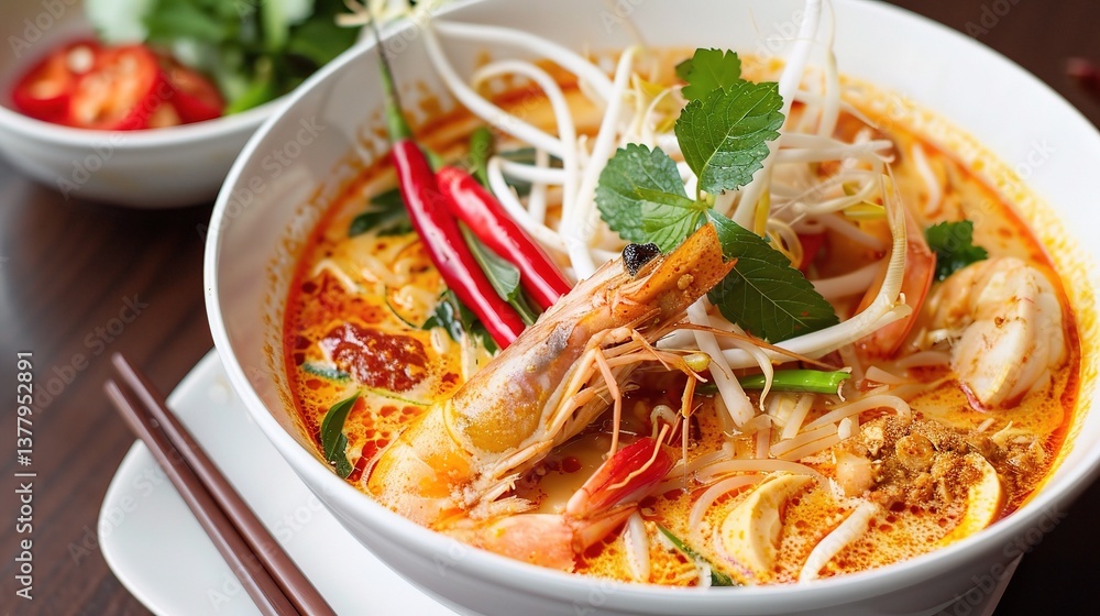 An appealing bowl of laksa is presented. The laksa features thick, chewy rice noodles submerged in a rich, spicy and creamy coconut - based broth. The broth is a complex blend of various spices An appealing bowl of laksa is presented. The laksa features thick, chewy rice noodles submerged in a rich, spicy and creamy coconut - based broth. The broth is a complex blend of various spices