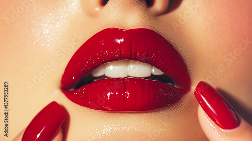 Close up of woman face with pouty lips with red lipstick hands touching the face with manicure. Fashion makeup