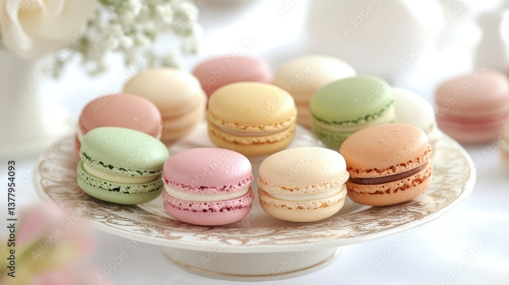Obraz premium A selection of French macarons in pastel colors on a decorative plate.