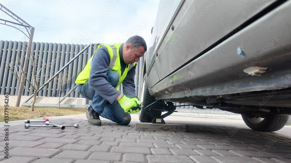 A guy changes tire on street to summer tire in nature A guy changes tire on street to summer tire in nature
