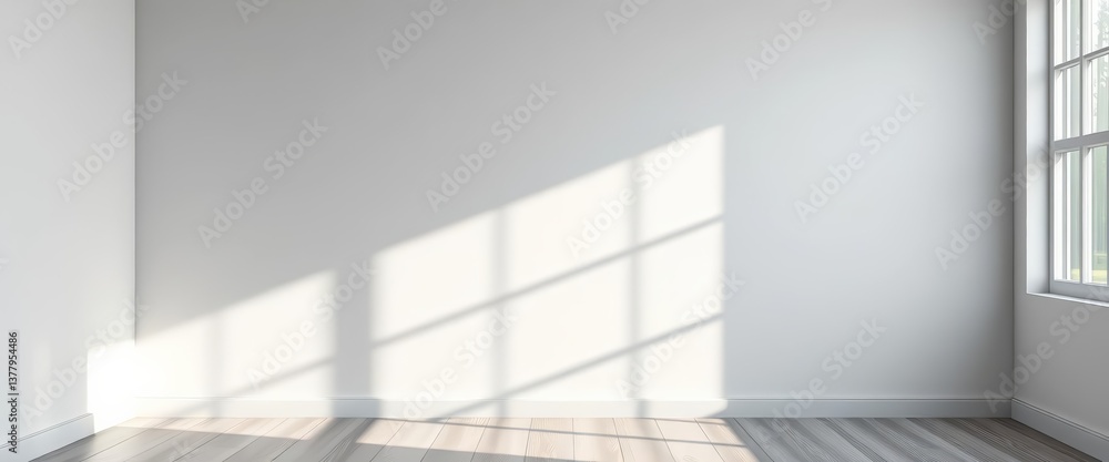 Fototapeta premium Subtle grey backdrop, soft window light and shadow play on wall, ample empty space, simple, elegant