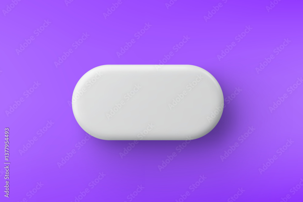 3d vector white plastic rounded rectangular button on purple background. Realistic minimal icon with shadow.
