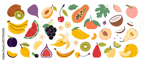 Fresh tropical fruits like bananas, apple, orange, kiwi and more. Healthy eating, nutrition and wellness concepts. Trendy modern vector illustration isolated on white, hand drawn, flat design