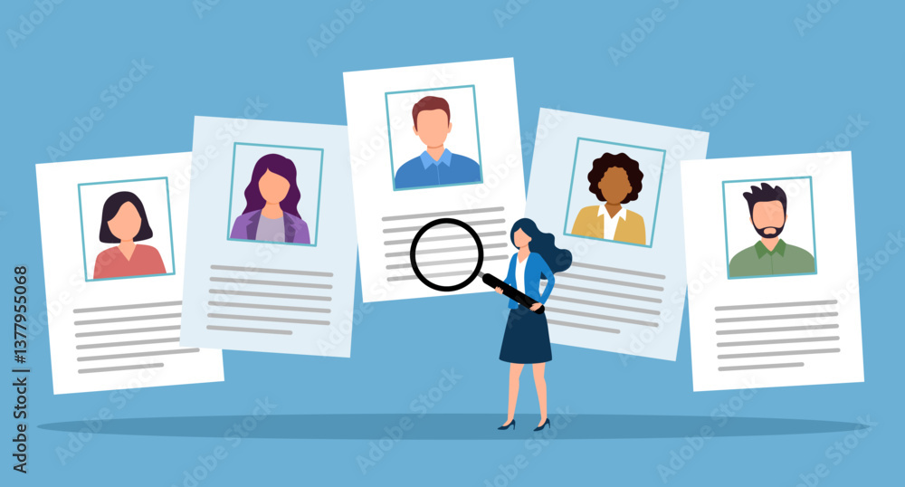 Job agency vector illustration. Employee headhunters concept. Professional work search and offer service company. Recruitment industry occupation or human resources. CV application. Job agency vector illustration. Employee headhunters concept. Professional work search and offer service company. Recruitment industry occupation or human resources. CV application.