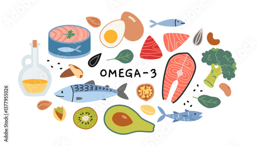 Omega 3 fatty acids food sources like fish, nuts, seeds and vegetables. Health, nutrition, and wellness concepts. Trendy modern vector illustration isolated on white, hand drawn, flat design