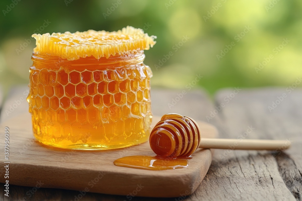 A close up of a jar of honey with honeycomb on top and a honey dipper on a wooden board outdoors A close up of a jar of honey with honeycomb on top and a honey dipper on a wooden board outdoors