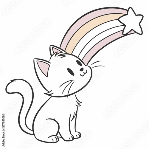 Cute kitten gazing at a rainbow with a star  