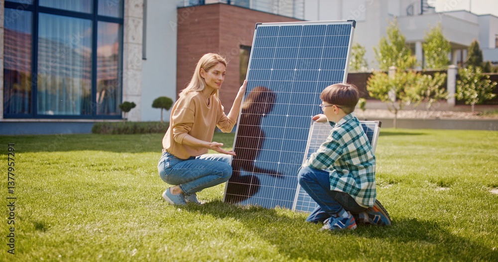 Fototapeta premium Mother and son talking about importance of preserving planet's ecosystem. Mother and son near solar panels. Woman and boy on lawn at background of house. Conversion of sunlight into electricity.