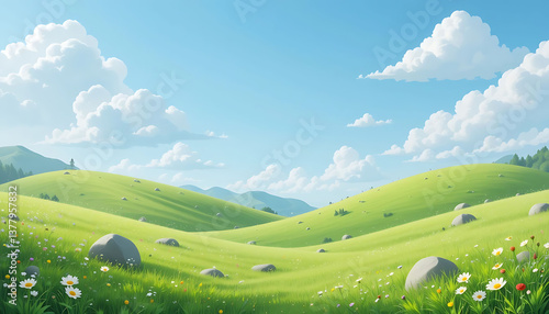 Tranquil Green Hills Landscape with Clouds and Wildflowers, Scenic Nature Background