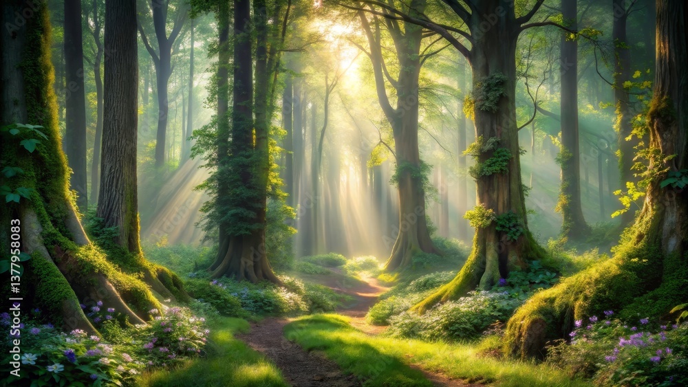 Fototapeta premium Sunbeams Illuminate a Mystical Forest Path, Where Lush Greenery and Moss-Covered Trees Embrace a Serene Atmosphere