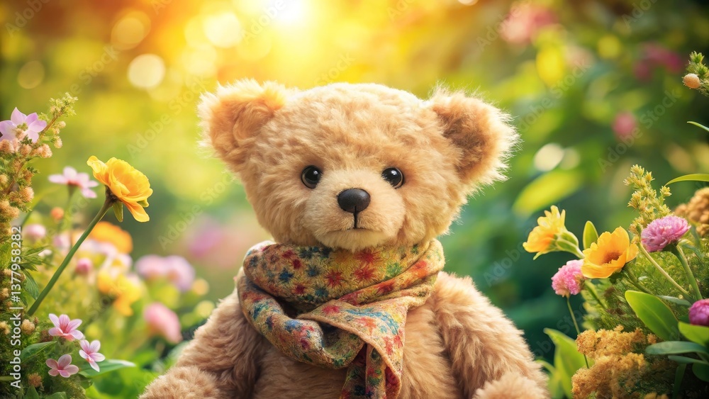 A charming teddy bear, adorned with a vibrant floral scarf, sits serenely amidst a breathtaking field of wildflowers bathed in the warm glow of the setting sun. A charming teddy bear, adorned with a vibrant floral scarf, sits serenely amidst a breathtaking field of wildflowers bathed in the warm glow of the setting sun.