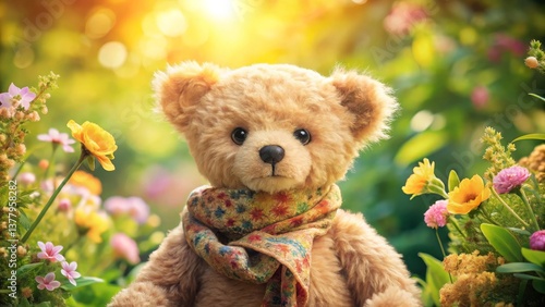 A charming teddy bear, adorned with a vibrant floral scarf, sits serenely amidst a breathtaking field of wildflowers bathed in the warm glow of the setting sun.