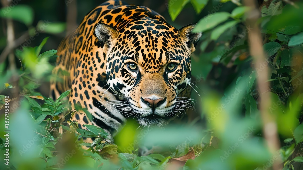A jaguar stealthily moving through the underbrush of Anavilhanas National Park, blending perfectly with the rainforest. A jaguar stealthily moving through the underbrush of Anavilhanas National Park, blending perfectly with the rainforest.
