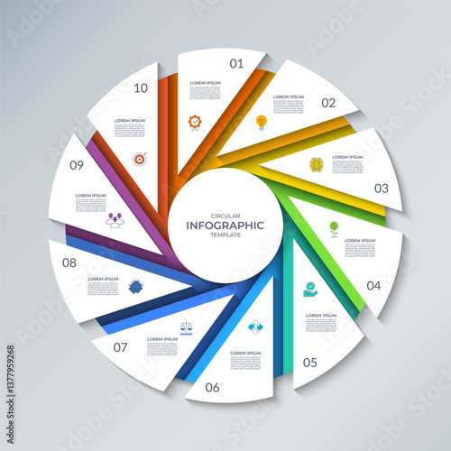 Vector infographic circle. Cycle diagram with 10 steps. Round chart that can be used for report, business analytics, educational resources, marketing materials, visualizing data, presentations.