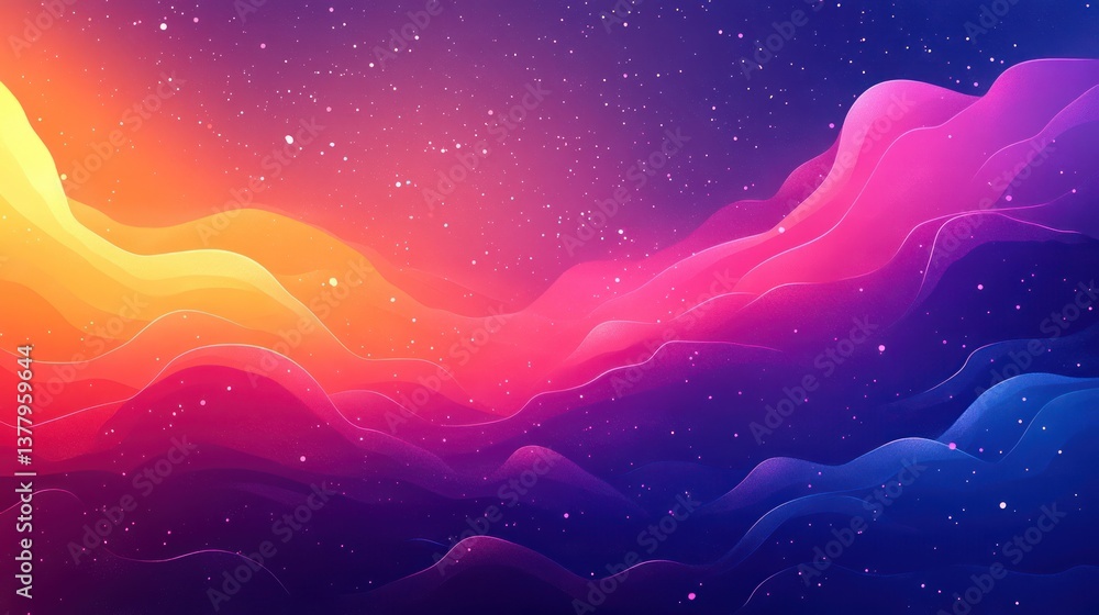 Fototapeta premium Abstract colorful wavy landscape with starry night sky.