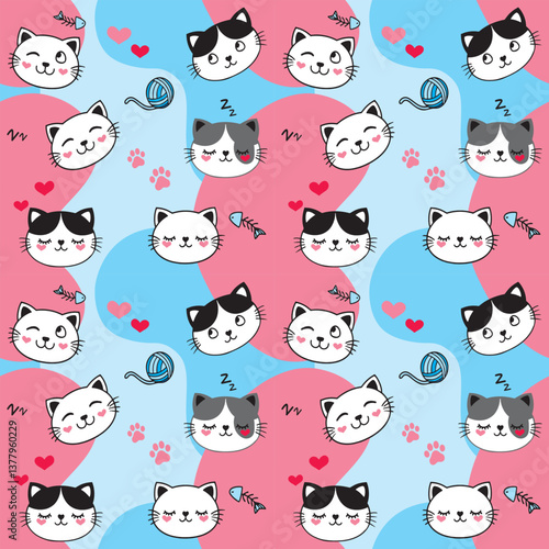 Adorable seamless pattern with cute cat faces, yarn, and hearts on a pastel background. Perfect for baby products, fabric prints, wallpapers, and greeting cards.