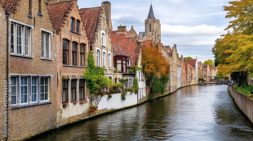 Fototapeta premium The charming streets of Bruges, Belgium, lined with historic brick houses and canals, creating a fairy-tale atmosphere.