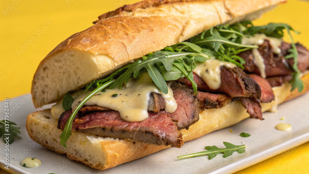 Delicious Steak Sandwich with Arugula and Creamy Sauce
Delicious Steak Sandwich with Arugula and Creamy Sauce