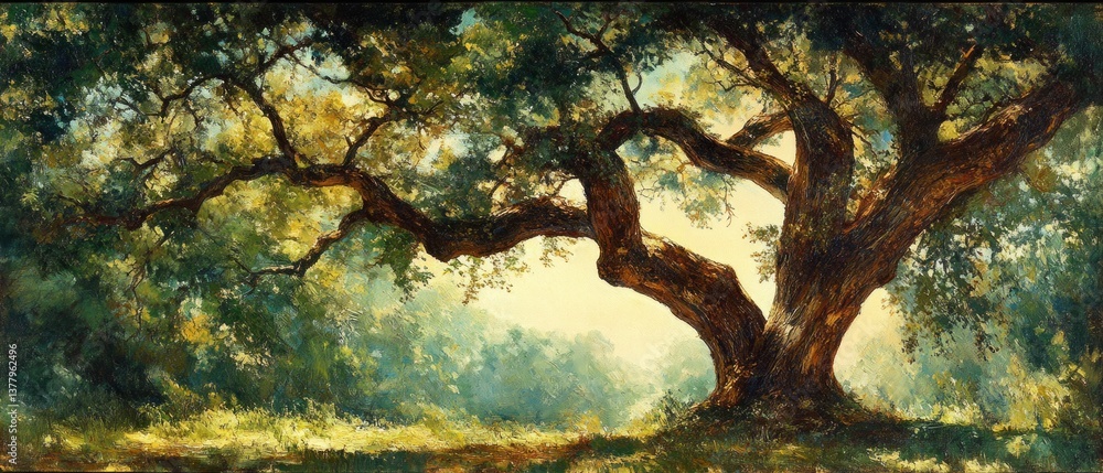 Fototapeta premium A majestic tree with branches spreading in the sunlight creates an atmosphere of tranquility and unity with nature, useful for interior design and advertising of ecological products.