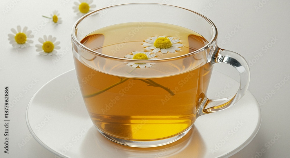 Glass Teacup with Bright Yellow Chamomile Tea on a White Saucer, Fresh and Inviting Glass Teacup with Bright Yellow Chamomile Tea on a White Saucer, Fresh and Inviting