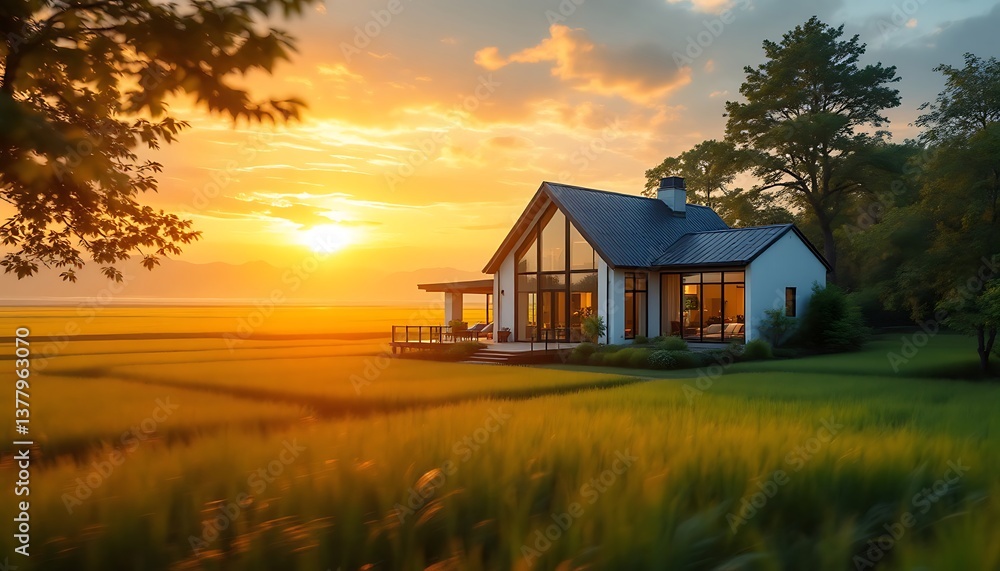 Modern Farmhouse at Sunset in Open Field Landscape with Golden Light Modern Farmhouse at Sunset in Open Field Landscape with Golden Light