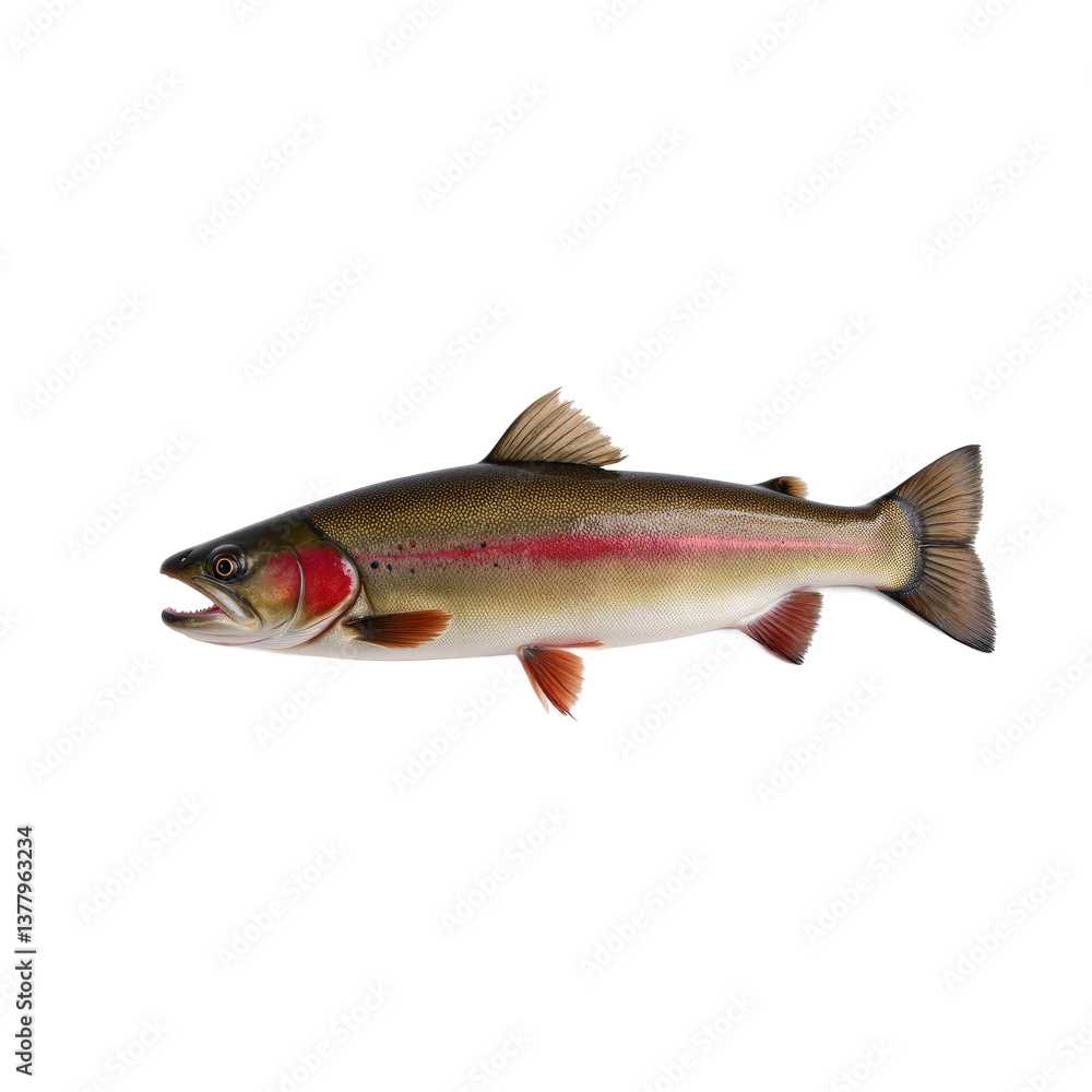 A vibrant rainbow trout with a striking red stripe and metallic scales, perfect for fishing enthusiasts. A vibrant rainbow trout with a striking red stripe and metallic scales, perfect for fishing enthusiasts.