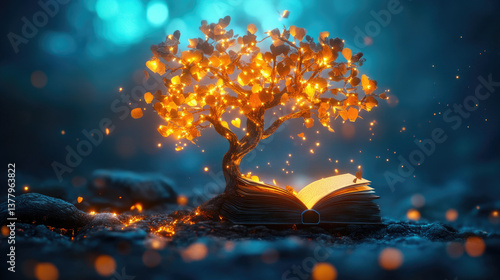Illuminated tree of life growing from open book enchanted forest digital art mystical environment close-up view imagination and knowledge