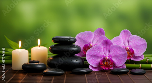 Spa Still Life with Black Stones Candles Bamboo and Pink Orchids on Wooden Table with Green Background