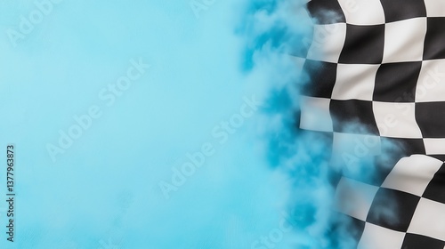 Checkered flag graphic design with an abstract background of dust and particles, a dynamic racing theme.