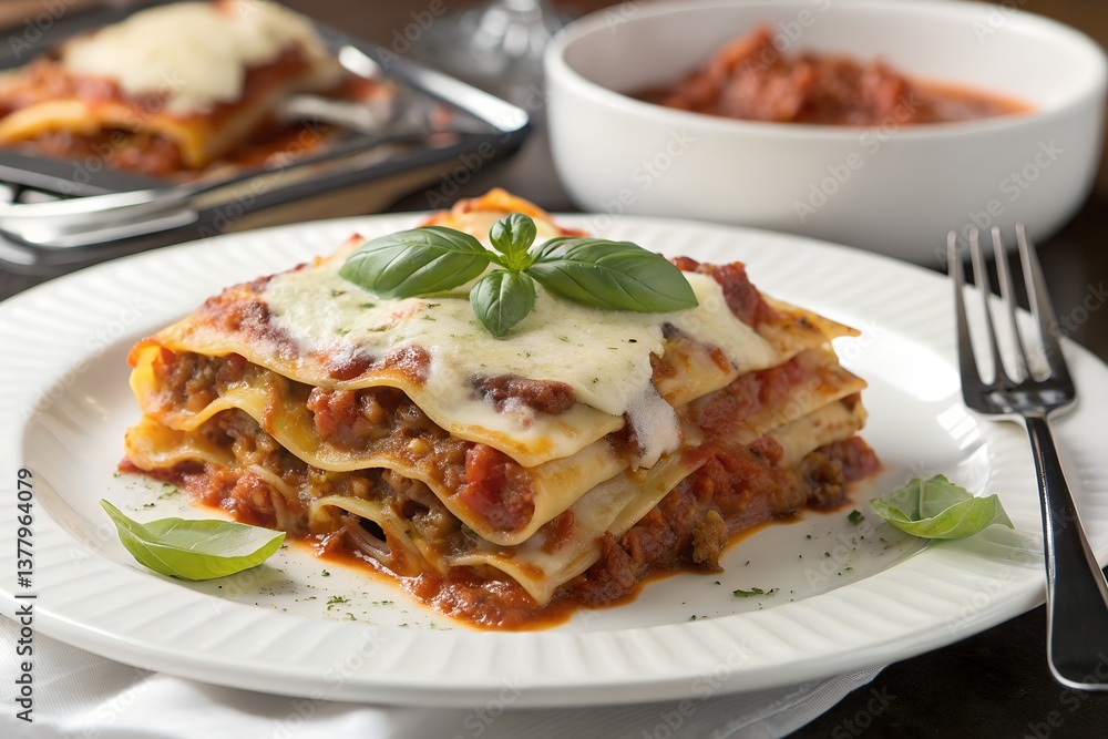 Delicious Homemade Lasagna with Layers of Pasta, Meat Sauce, and Melted Cheese – Close-Up Food Photography Delicious Homemade Lasagna with Layers of Pasta, Meat Sauce, and Melted Cheese – Close-Up Food Photography