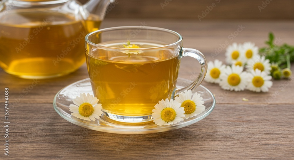 Glass Teacup with Bright Yellow Chamomile Tea on a White Saucer, Fresh and Inviting Glass Teacup with Bright Yellow Chamomile Tea on a White Saucer, Fresh and Inviting