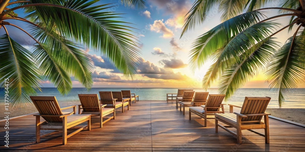 Fototapeta premium Serene Sunset Vista Tranquil Wooden Loungers on a Beachfront Deck Framed by Lush Palm Fronds