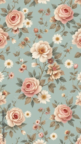 Wallpaper Mural Vintage Dusty Rose & White Floral Seamless Pattern on Teal Torontodigital.ca