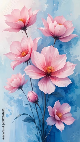 Blush Cosmos: Watercolor Floral Arrangement, Soft Blue Background