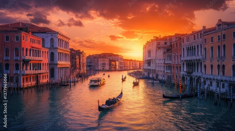 Fototapeta premium The mesmerizing canals of Venice, Italy, with gondolas gliding through the shimmering waters at sunset.