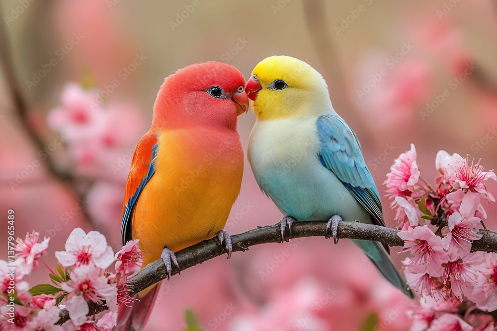 Fototapeta premium Pair of Colorful Lovebirds Perched on Cherry Blossom Branch in Springtime - Generative AI
