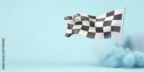 Checkered flag graphic design with an abstract background of dust and particles, a dynamic racing theme.