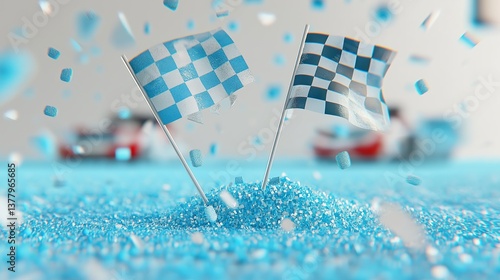 Checkered flag graphic design with an abstract background of dust and particles, a dynamic racing theme.