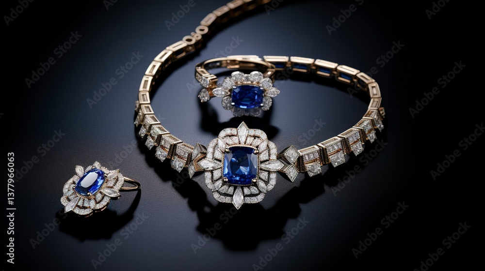 Obraz premium A photo of a sapphire necklace and ring set.