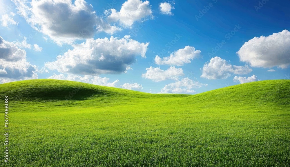 Lush green field with rolling hills under a vibrant blue sky